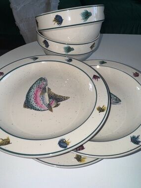 FOLK CRAFT Stoneware "RAINBOW TROUT" Fly Fishing Soup Cereal Bowl & plates -Set